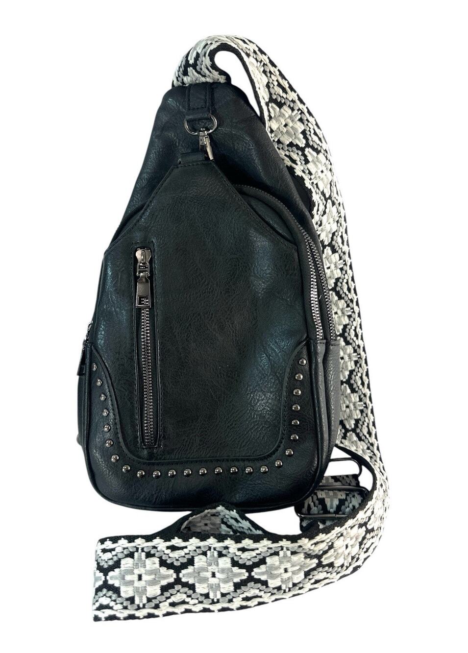 Sam & Hadley Black Studded Sling Crossbody Bag Adjustable Patterned Strap